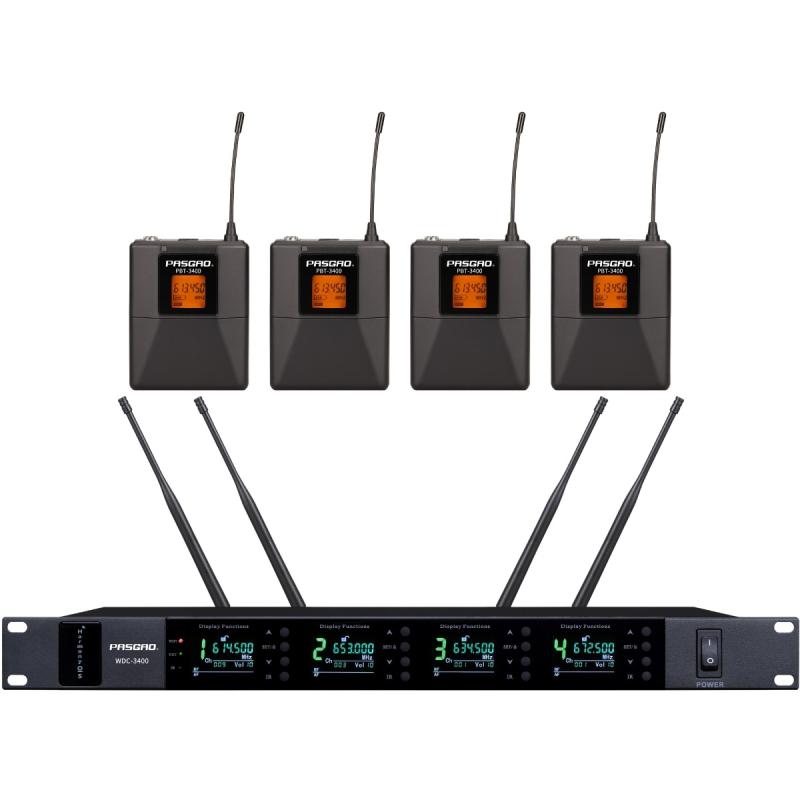 Pasgao WDC-3400+PBT-3400 (612-697 MHz) trådløst sæt med fire lommesendere