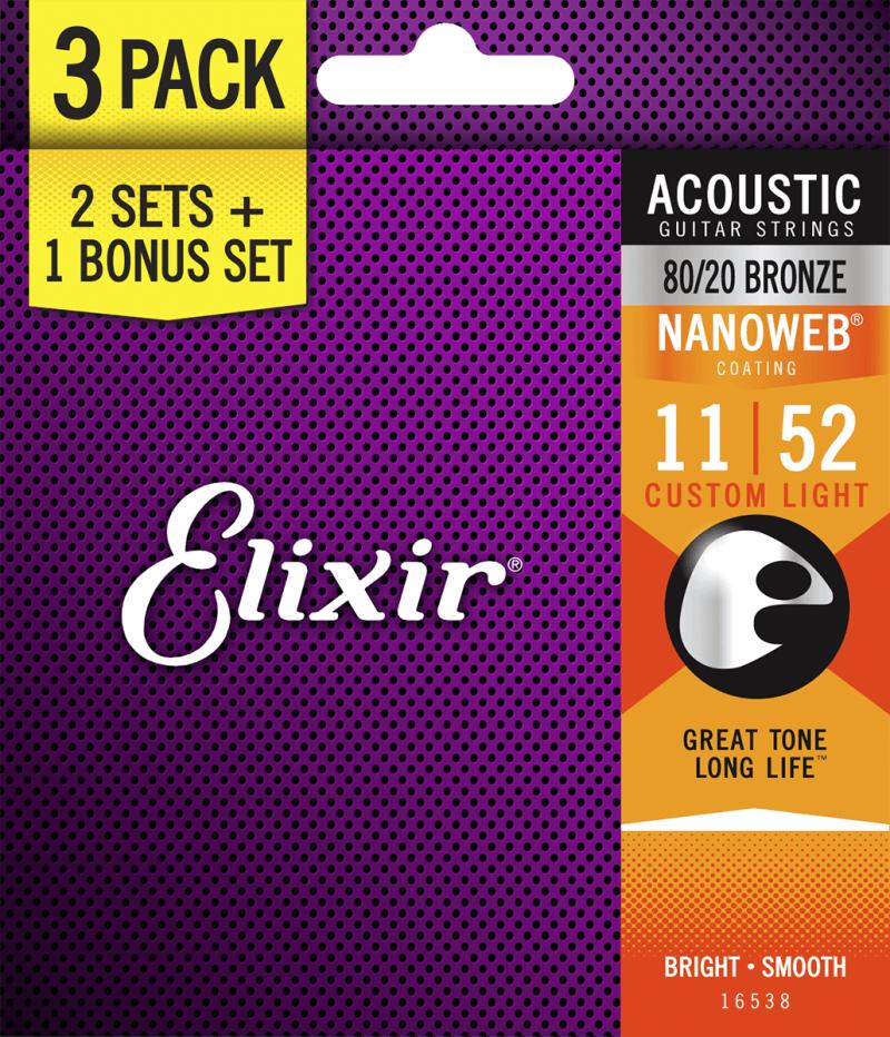 Elixir Nanoweb Bronze 80/20 - Western-strenge 011-052 Custom Light - 3 Pack