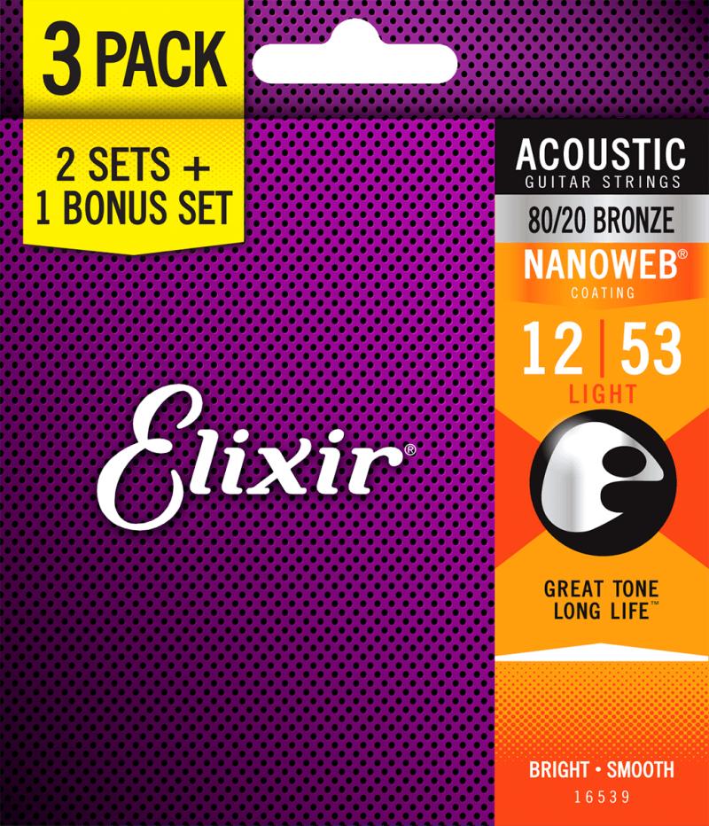Elixir Nanoweb Bronze 80/20 - Western-strenge 012-053 Light - 3 Pack