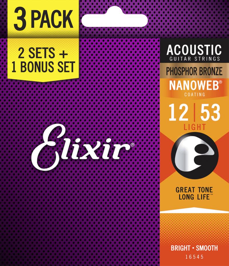 Elixir Nanoweb Phosphor Bronze - Western-strenge 012-053 Light - 3 Pack
