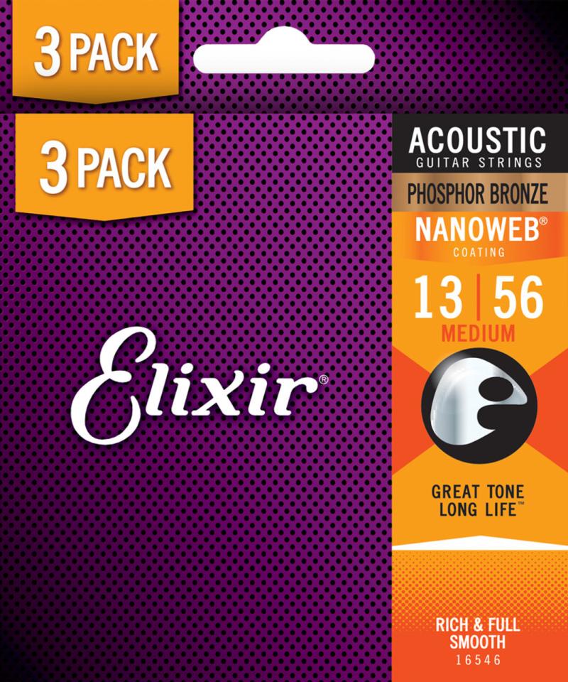 Elixir Nanoweb Phosphor Bronze - Western-strenge 013-056 Medium - 3 Pack