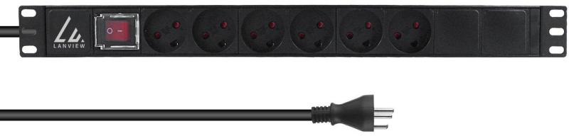 Lanview 19"/1unit Rack strømskinne 6xDK udtag med afbryder